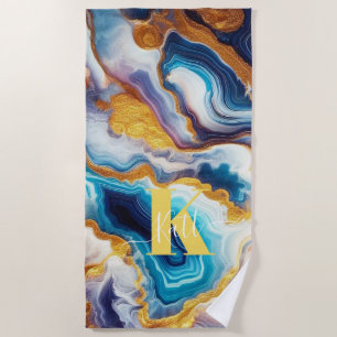 Custom Teal Aqua Golden Agate Monogram Beach Towel