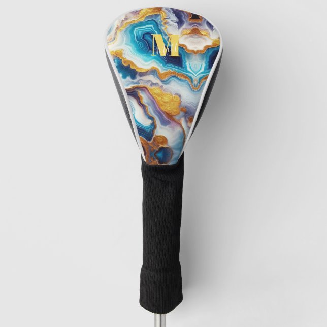 Custom Teal Aqua Golden Agate Monogram Golf Head Cover (Front)
