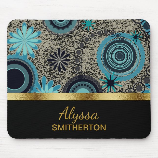 Custom Teal Black Gold Trendy Circles Mouse Mat (Front)