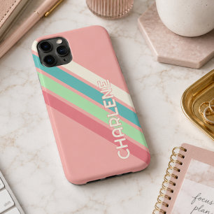 Custom Teal Blue Aqua Coral Lime Green Stripes iPhone 11 Pro Max Case