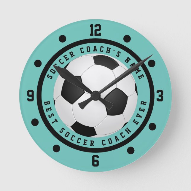 Custom Teal Blue Boy's Soccer Coach Round Clock (Front)