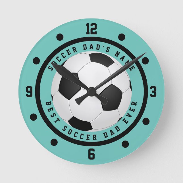 Custom Teal Blue Boy's Soccer Dad Round Clock (Front)