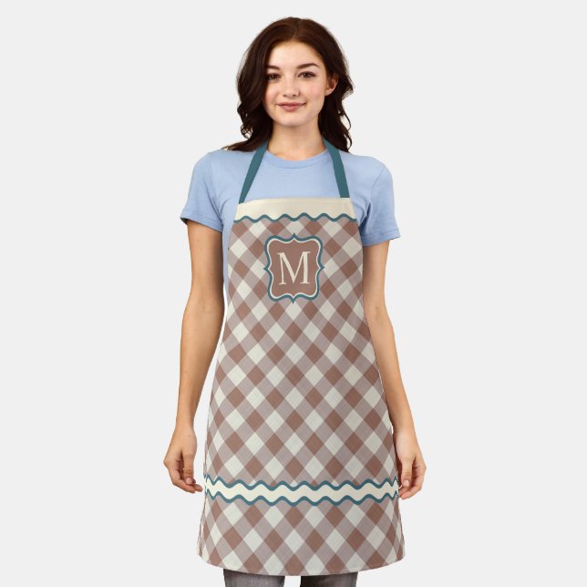 Custom Teal Blue Coffee Brown Ivory Gingham Apron (Worn)