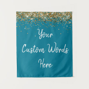 Custom Teal Blue & Gold Birthday Party Photo Booth Tapestry