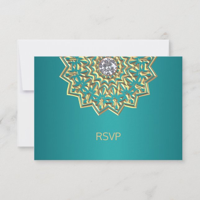 Custom Teal Blue Gold Indian Mandala RSVP Wedding (Front)