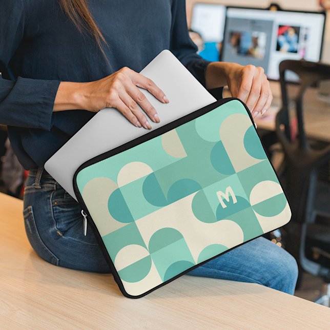 Custom Teal Blue Green Beige Retro Art Pattern Laptop Sleeve (Creator Uploaded)