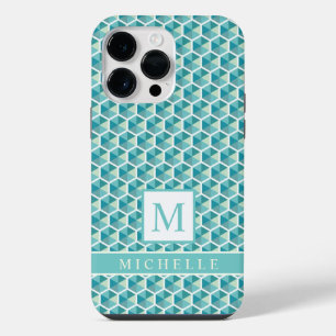 Custom Teal Blue Green White Heptagon Geometric iPhone 14 Pro Max Case