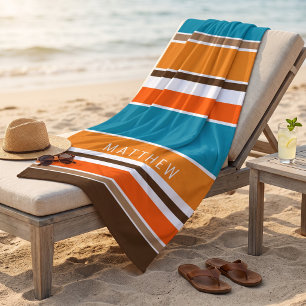 Custom Teal Blue Ochre Yellow Orange White Stripes Beach Towel