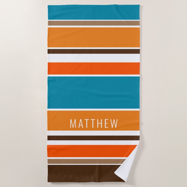 Custom Teal Blue Ochre Yellow Orange White Stripes Beach Towel (Front)