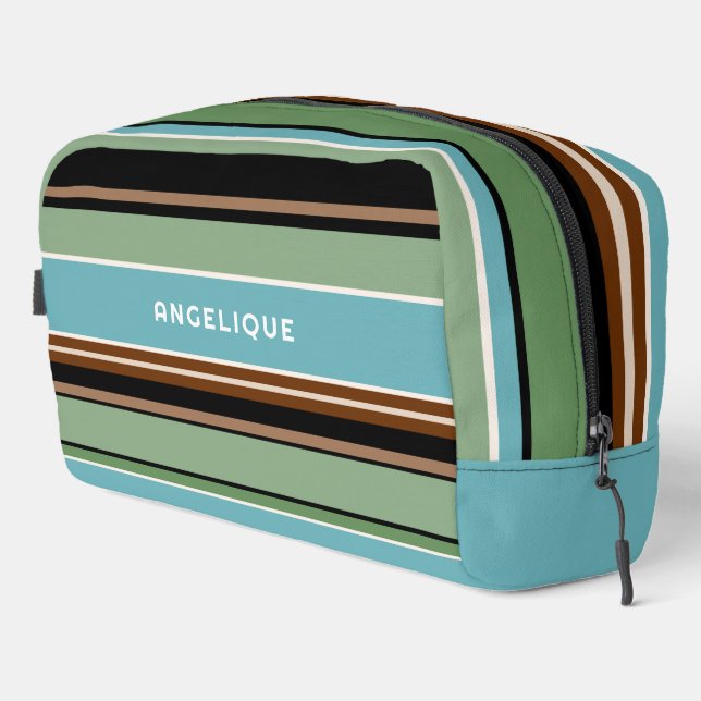 Custom Teal Blue Sage Green Brown Ivory Stripes Dopp Kit (Right Corner)