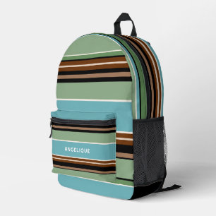 Custom Teal Blue Sage Green Brown Ivory Stripes Printed Backpack