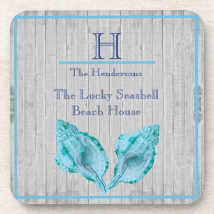 Custom Teal Blue Seashell White Shell Coastal Grey Coaster