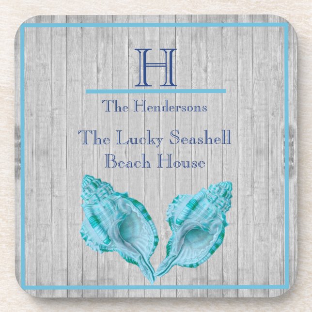 Custom Teal Blue Seashell White Shell Coastal Grey Coaster (Front)