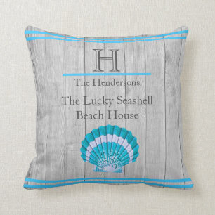 Custom Teal Blue Seashell White Shell Coastal Grey Cushion