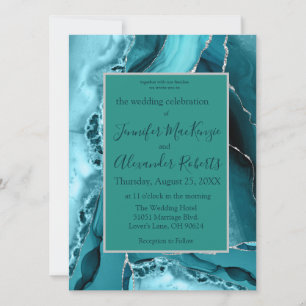 Custom Teal Blue Silver Agate Wedding Invitations