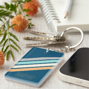 Custom Teal Blue Turquoise Grey Yellow Stripes Art Key Ring