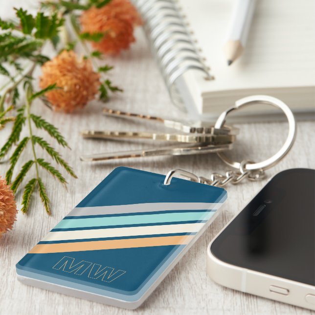 Custom Teal Blue Turquoise Grey Yellow Stripes Art Key Ring (Front Right)