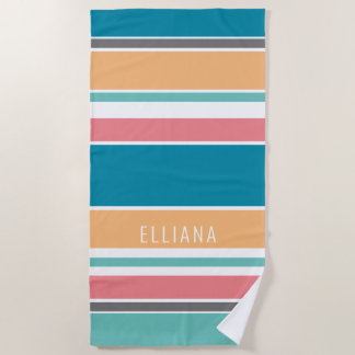 Custom Teal Blue Yellow Blush Pink White Stripes Beach Towel
