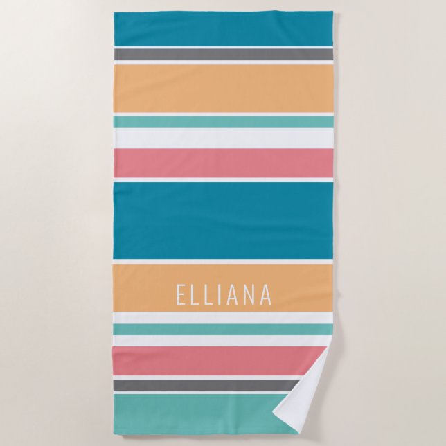 Custom Teal Blue Yellow Blush Pink White Stripes Beach Towel (Front)