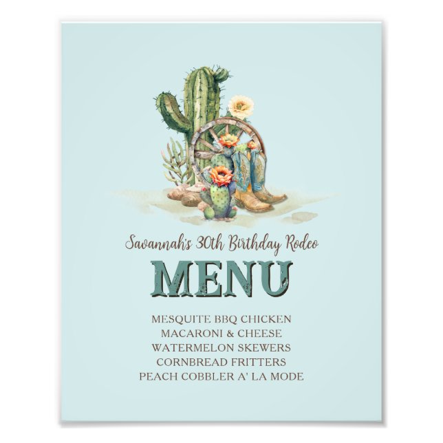 Custom Teal Cactus Western Rodeo Party Menu Sign (Front)