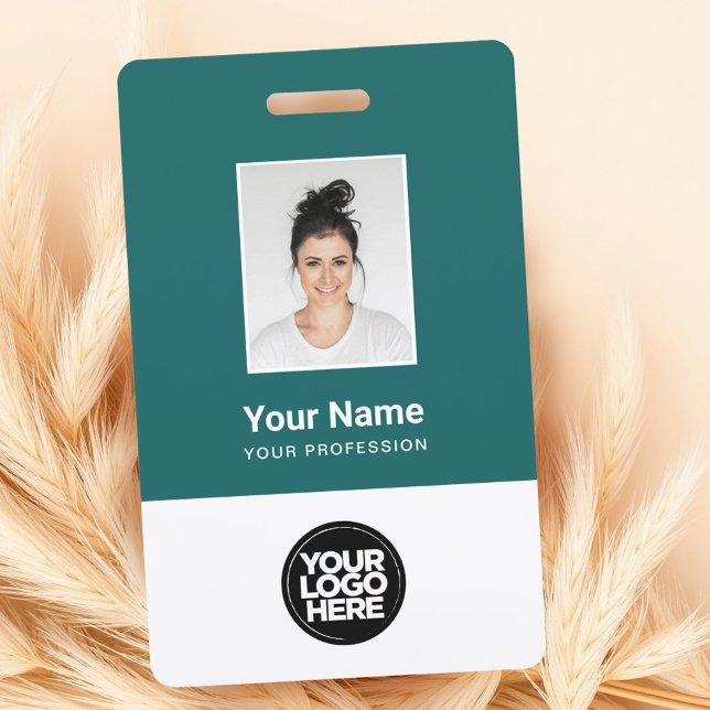 Custom Teal Employee Photo, Bar Code, Logo, Name ID Badge (Creator Uploaded)
