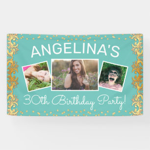 Custom Teal & Gold Photo Birthday Party Banner