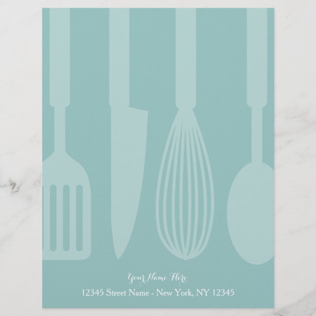 Custom teal kitchen utensils letterhead stationery (Front)