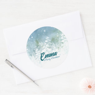 Custom Teal Watercolor Winter Forest Christmas Classic Round Sticker