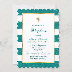 Custom Teal White Gold Stripe Baptism Invitation