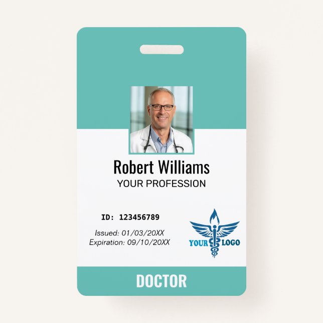 Custom Teal & White Hospital Employee Photo ID Bad ID Badge (Front)