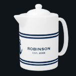 Custom teapot with nautical anchor and navy stripe<br><div class="desc">Custom teapot with nautical anchor and navy stripes. Add your own family name,  established date year or quote. Unique wedding gift ideas for newly weds,  couple,  bride and groom,  husband and wife etc. Stylish typography template with maritime icon. Blue and white colour combo.</div>