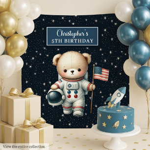 Custom Teddy Bear Astronaut Birthday Backdrop Tapestry