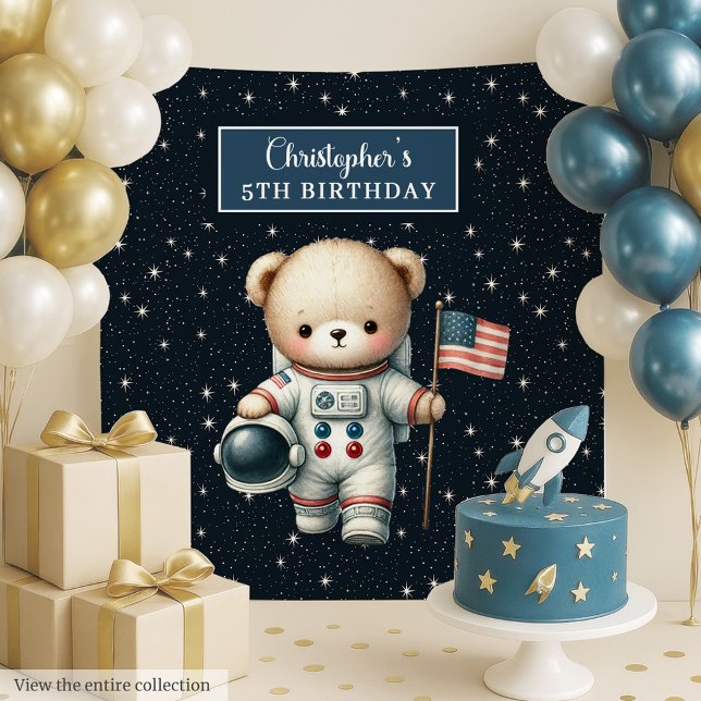 Custom Teddy Bear Astronaut Birthday Backdrop Tapestry (Custom Teddy Bear Astronaut Birthday Backdrop)
