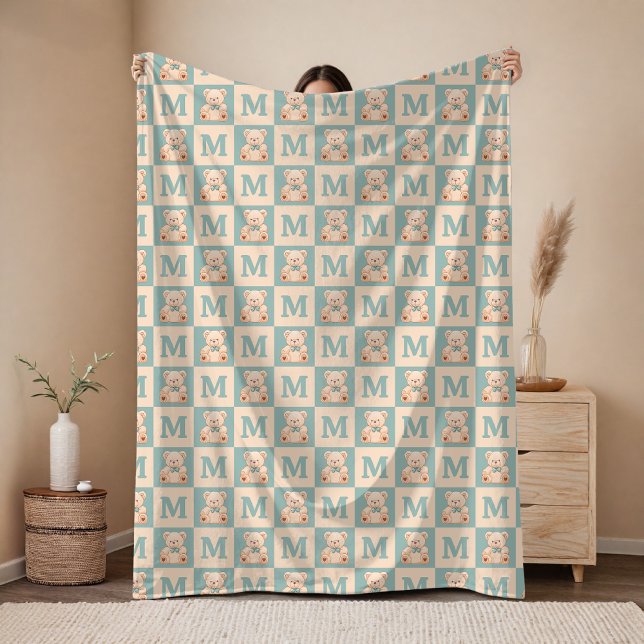 Custom Teddy Bear Baby Blanket Gift for Newborn (Custom Checkered Baby Name Blanket Gift for Baby Shower & Kids, Baby Initial Name Teddy Bear Blanket)