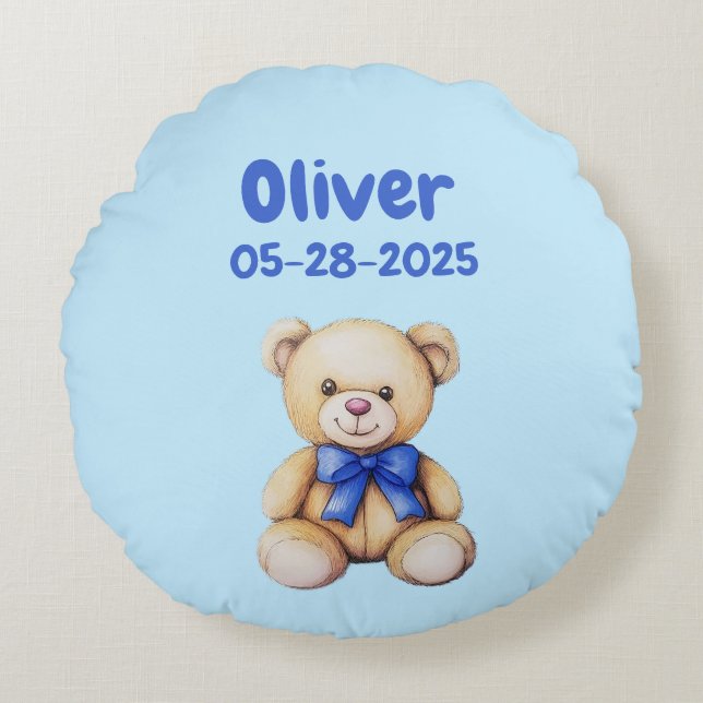 Custom Teddy Bear Baby Boy Name & DOB   Round Cushion (Front)