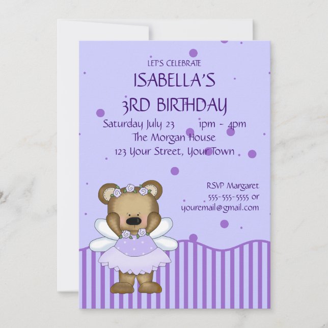 Custom Teddy Bear Blue Fairy Princess Invitation (Front)