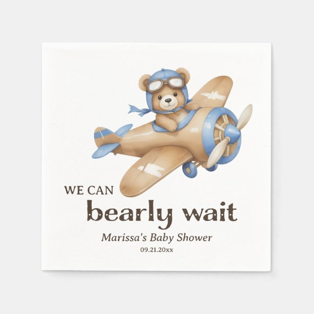 Custom Teddy Bear Pilot Baby Boy Shower Napkin (Front)