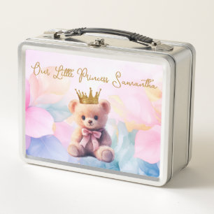 Custom Teddy Bear Pink Ribbon Gold Crown Metal Lunch Box