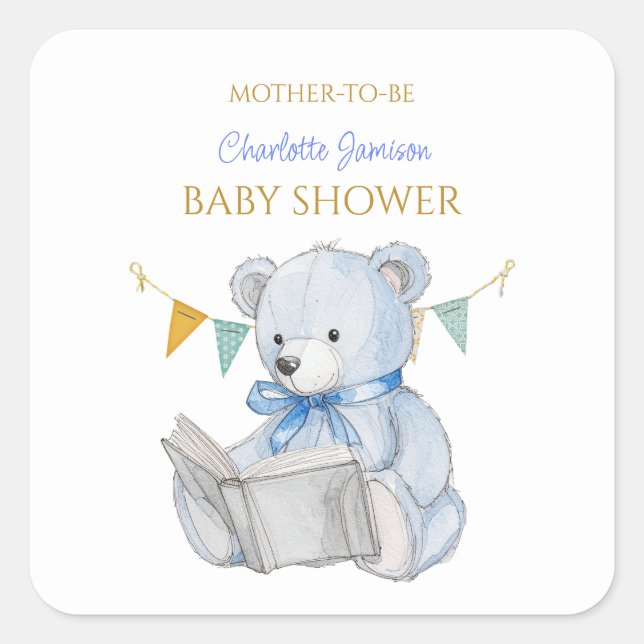 Custom Teddy Bear reading a book Baby Shower Square Sticker (Front)