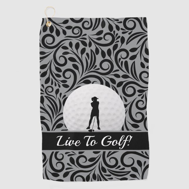 Custom Template Golfer Elegant Lady Black Grey Golf Towel (Front)