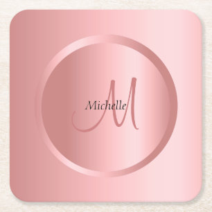 Custom Template Rose Gold Monogram Elegant Square Paper Coaster