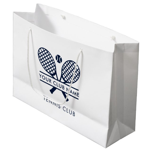 Custom Tennis Club Name Team Swag Navy Blue Large Gift Bag (Front Angled)