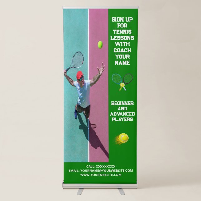 Custom Tennis Coach Coaching Class Lessons Green Retractable Banner (Front)