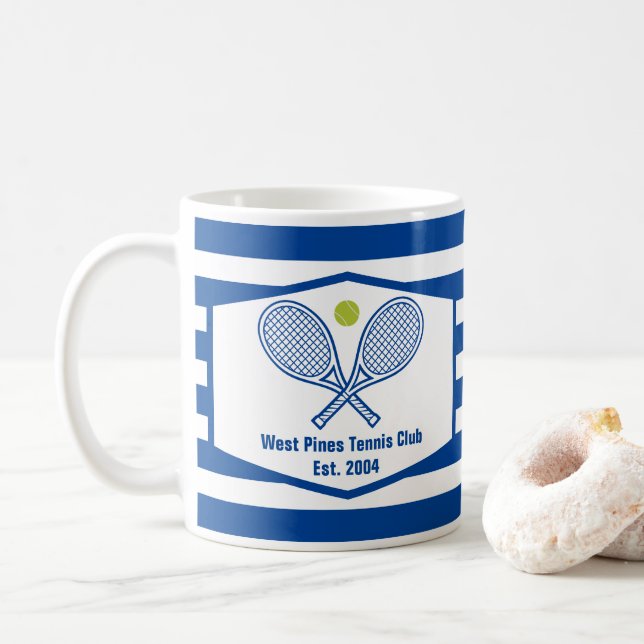 Custom Tennis Country Club Blue Striped Coffee Mug (With Donut)