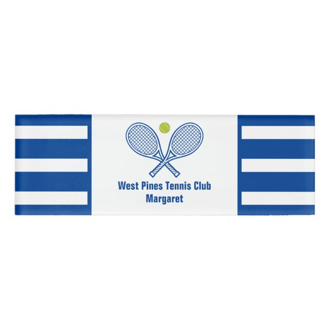 Custom Tennis Country Club Blue Striped Name Tag (Front)