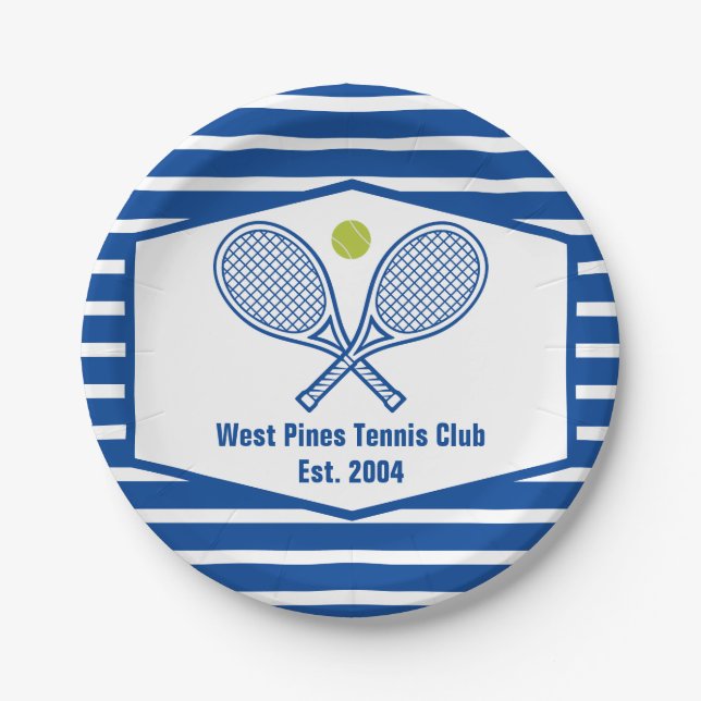 Custom Tennis Country Club Blue Striped Paper Plate (Front)