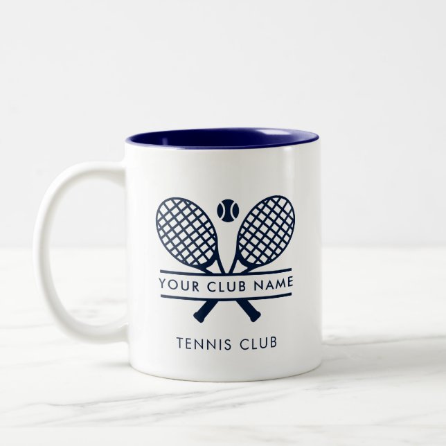 Custom Tennis Country Club Name Navy Blue Two-Tone Coffee Mug (Left)
