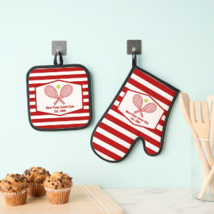Custom Tennis Country Club Red Striped Oven Mitt & Pot Holder Set