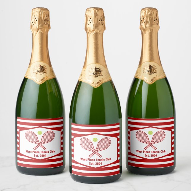 Custom Tennis Country Club Red Striped Sparkling Wine Label (Bottles)