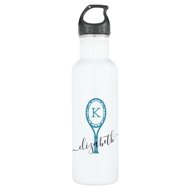 Custom Tennis Personalised Water Bottle White Blue (Front)